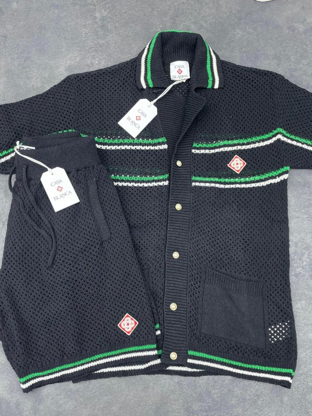 Casablanca Men's Black Knit Shirt & Shorts Set Green White Trim- Size Medium